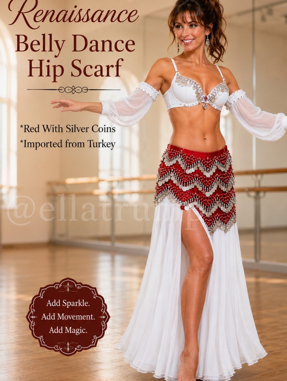 Renaissance Belly Dance Hip Scarf Red With Silver Coins ~New~ Firm Price